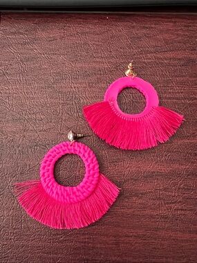 Hot Pink Fringe Hoop Earrings - Women Accessories